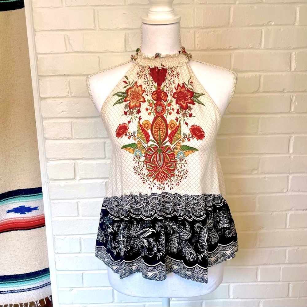 Farm Rio Women’s Tank Top Size XS Boho Flowy Ruffle Bottom Luxury Designer